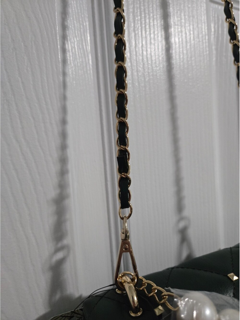 Badgley Mischka Quilted Crossbody Bag Green Gold Studded Pearl Handle NWT New - Picture 14 of 15